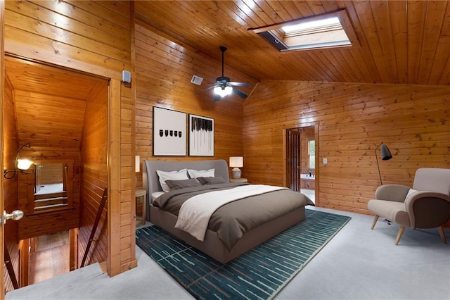 442 Cartecay River Run, Ellijay, GA 30536 - carpeted bedroom featuring lofted ceiling, wooden walls, wooden ceiling, and a skylight