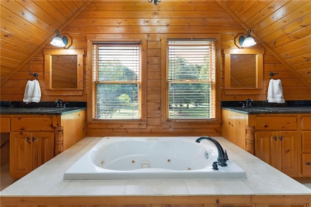 442 Cartecay River Run, Ellijay, GA 30536 - full bath featuring vaulted ceiling, wooden walls, wood ceiling, a whirlpool tub, and vanity