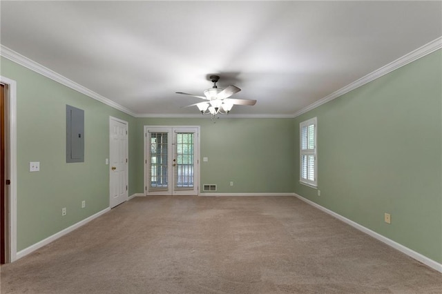 442 Cartecay River Run, Ellijay, GA 30536 - empty room featuring electric panel, crown molding, ceiling fan, baseboards, and carpet