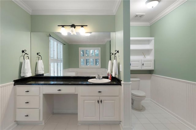 442 Cartecay River Run, Ellijay, GA 30536 - bathroom with wainscoting, vanity, crown molding, toilet, and tile patterned floors