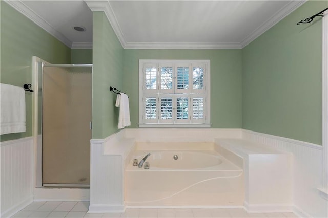 442 Cartecay River Run, Ellijay, GA 30536 - bathroom featuring a stall shower, wainscoting, a garden tub, crown molding, and tile patterned flooring