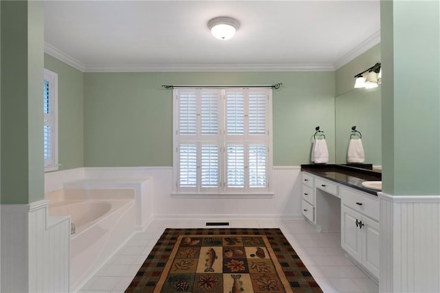 442 Cartecay River Run, Ellijay, GA 30536 - bathroom with vanity, a wainscoted wall, a bath, tile patterned flooring, and ornamental molding