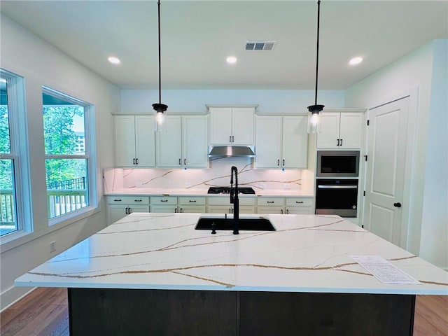 kitchen featuring under cabinet range hood, decorative backsplash, appliances with stainless steel finishes, and a sink