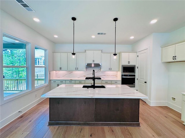 kitchen featuring stainless steel microwave, light wood finished floors, wall oven, and under cabinet range hood