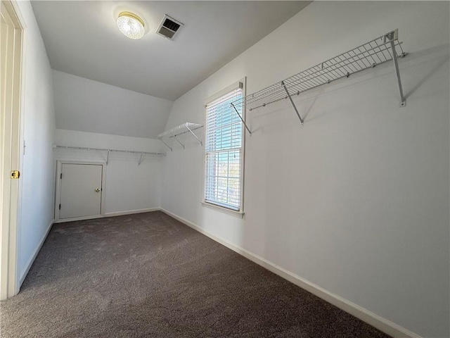 walk in closet with vaulted ceiling and carpet