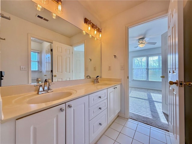 bathroom featuring tile patterned flooring, vanity, ceiling fan, and toilet