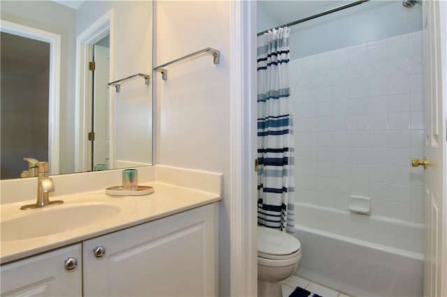 full bathroom featuring shower / bath combination with curtain, tile patterned floors, vanity, and toilet