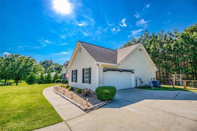 1015 Carriage Way, Loganville, GA 30052 - view of property exterior featuring a garage, concrete driveway, central air condition unit, and roof with shingles