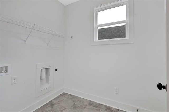 laundry area featuring washer hookup, marble finish floor, electric dryer hookup, laundry area, and baseboards