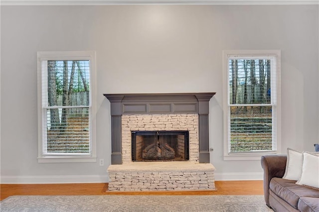 living room featuring a fireplace, light hardwood / wood-style floors, and a healthy amount of sunlight