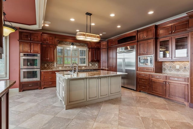 2742 High Vista Pt, Gainesville, GA 30501 - kitchen with built in appliances, backsplash, light stone counters, a kitchen island with sink, and recessed lighting