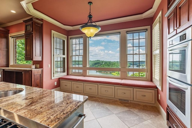 2742 High Vista Pt, Gainesville, GA 30501 - kitchen featuring double oven, ornamental molding, plenty of natural light, pendant lighting, and light stone counters