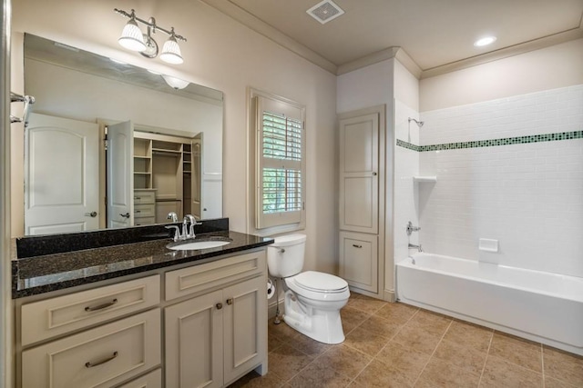2742 High Vista Pt, Gainesville, GA 30501 - bathroom with toilet, vanity, ornamental molding, shower / bath combination, and tile patterned flooring