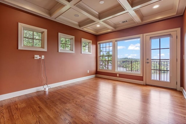 2742 High Vista Pt, Gainesville, GA 30501 - spare room featuring light wood-style floors, baseboards, beamed ceiling, coffered ceiling, and recessed lighting