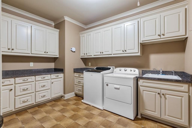 2742 High Vista Pt, Gainesville, GA 30501 - laundry area featuring cabinet space, washer and clothes dryer, ornamental molding, and baseboards