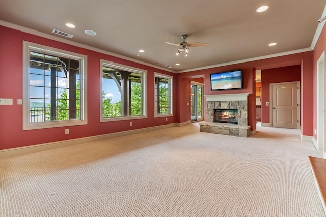 2742 High Vista Pt, Gainesville, GA 30501 - unfurnished living room with ornamental molding, baseboards, carpet floors, recessed lighting, and ceiling fan