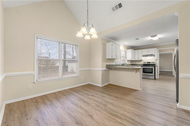 kitchen with white cabinets, appliances with stainless steel finishes, a notable chandelier, a kitchen bar, and kitchen peninsula