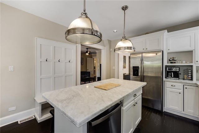 311 Glendale Ave, Decatur, GA 30030 - kitchen with stainless steel fridge, ceiling fan, white cabinets, open shelves, and dishwasher