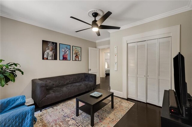 311 Glendale Ave, Decatur, GA 30030 - living area featuring a ceiling fan, crown molding, and wood finished floors