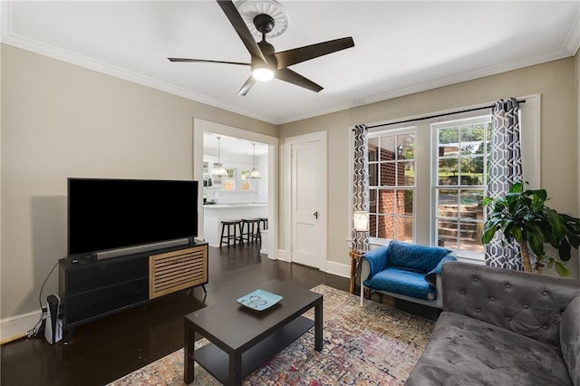 311 Glendale Ave, Decatur, GA 30030 - living room with crown molding, a ceiling fan, and wood finished floors