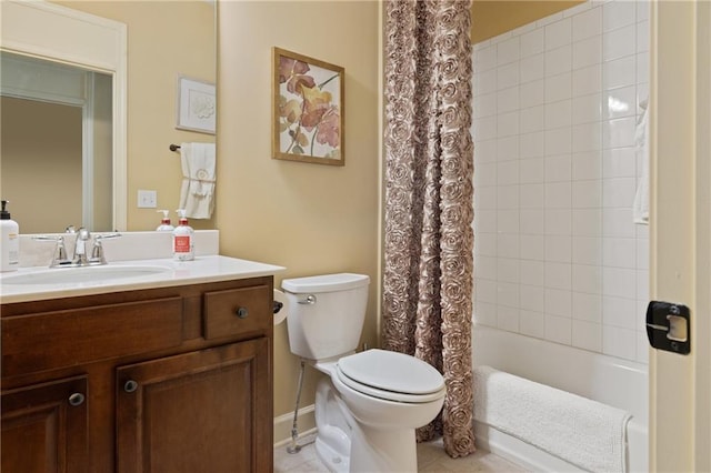 full bathroom with vanity, toilet, shower / bathtub combination with curtain, and tile patterned floors