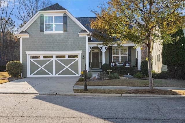 view of front facade featuring covered porch, driveway, and a garage