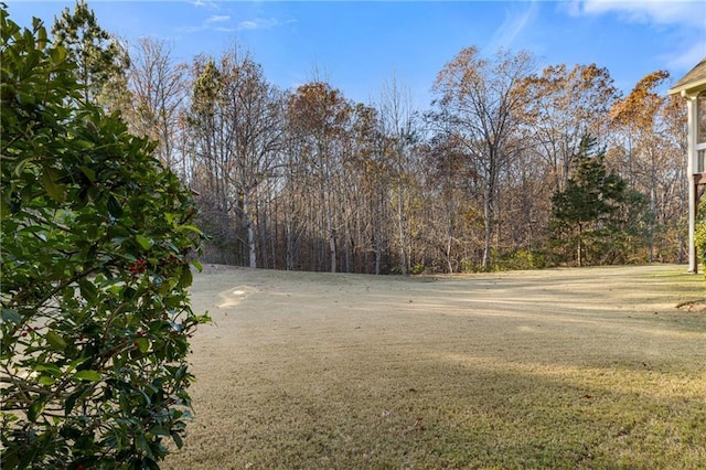 view of yard featuring a forest view