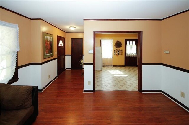 corridor featuring dark hardwood / wood-style flooring and crown molding