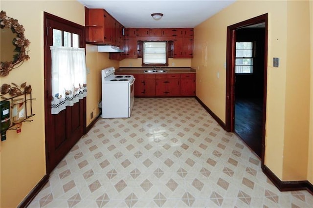 kitchen with a healthy amount of sunlight, white electric range, and sink