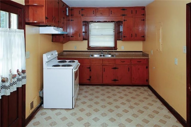 kitchen with plenty of natural light, white electric range, and sink