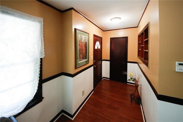 corridor featuring dark wood-type flooring and ornamental molding