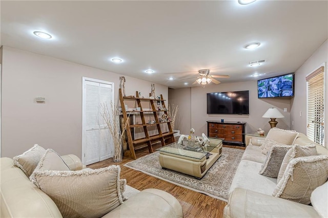 5342 Lakerock Dr SW, Atlanta, GA 30331 - living room featuring ceiling fan, wood finished floors, and recessed lighting