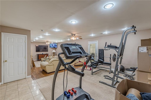 5342 Lakerock Dr SW, Atlanta, GA 30331 - exercise room with recessed lighting, ceiling fan, light tile patterned floors, and baseboards