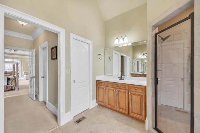 2740 Heritage Bend Ct SW, Grayson, GA 30017 - bathroom featuring a shower stall, crown molding, vanity, connected bathroom, and tile patterned flooring