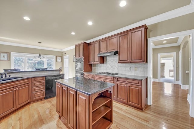 2740 Heritage Bend Ct SW, Grayson, GA 30017 - kitchen with black appliances, a sink, open shelves, light wood finished floors, and decorative backsplash