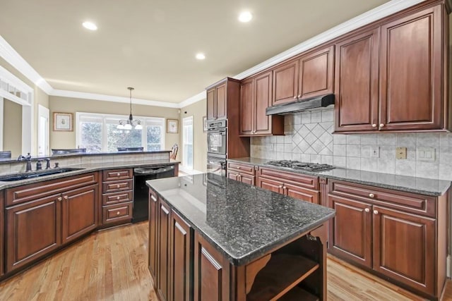 2740 Heritage Bend Ct SW, Grayson, GA 30017 - kitchen featuring a sink, black appliances, under cabinet range hood, open shelves, and light wood-style flooring