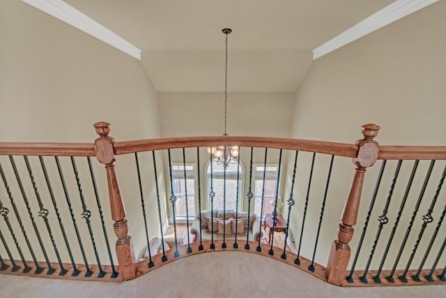2740 Heritage Bend Ct SW, Grayson, GA 30017 - staircase with carpet flooring, lofted ceiling, and a chandelier