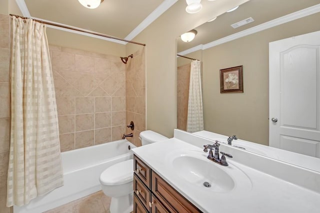2740 Heritage Bend Ct SW, Grayson, GA 30017 - full bath with ornamental molding, toilet, shower / bathtub combination with curtain, vanity, and tile patterned flooring