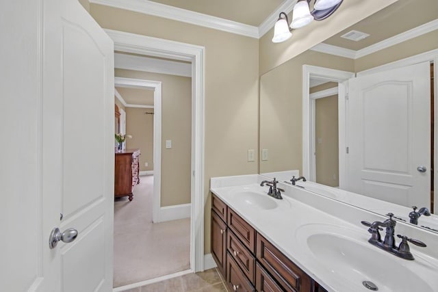 2740 Heritage Bend Ct SW, Grayson, GA 30017 - bathroom featuring double vanity, baseboards, and ornamental molding