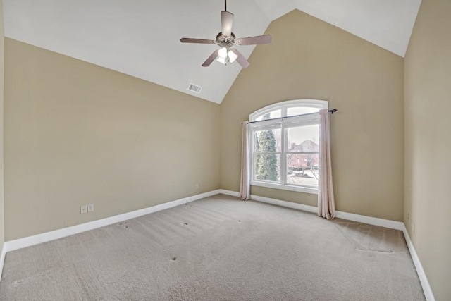 2740 Heritage Bend Ct SW, Grayson, GA 30017 - empty room with ceiling fan, carpet, high vaulted ceiling, and baseboards