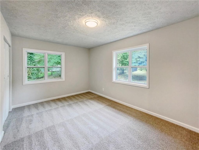 unfurnished room with light carpet, a textured ceiling, and plenty of natural light