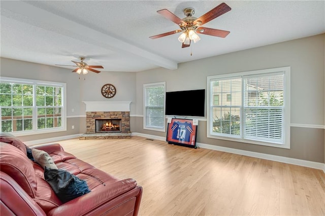 4039 Sargent Cir, Gainesville, GA 30506 - living room featuring a ceiling fan, wood finished floors, baseboards, a textured ceiling, and a fireplace