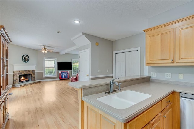 4039 Sargent Cir, Gainesville, GA 30506 - kitchen with a sink, dishwasher, a ceiling fan, a textured ceiling, and light brown cabinets