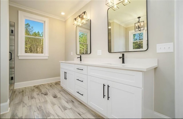 full bath with healthy amount of natural light, baseboards, ornamental molding, double vanity, and a chandelier