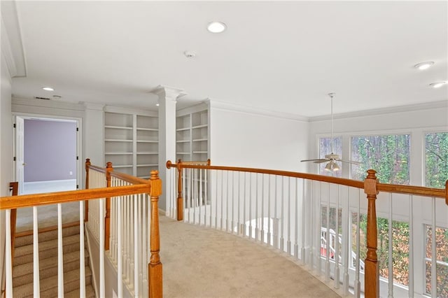 hallway featuring recessed lighting, carpet floors, and crown molding