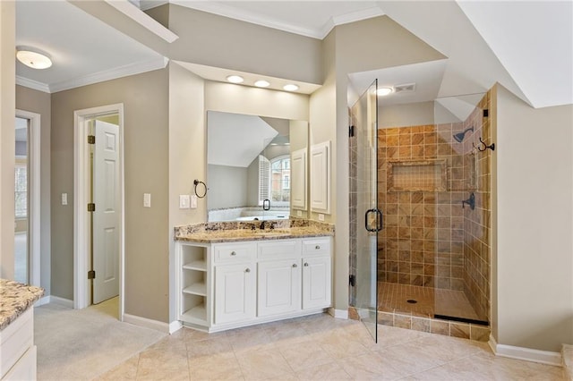 full bathroom with a shower stall, baseboards, lofted ceiling, ornamental molding, and vanity