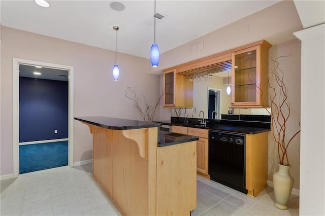 kitchen featuring glass insert cabinets, a kitchen breakfast bar, black dishwasher, and dark countertops