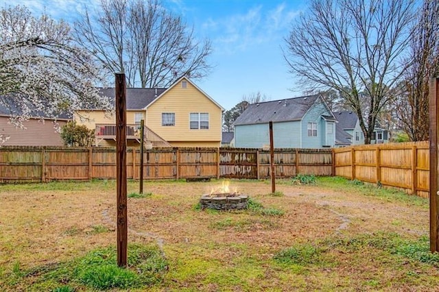 view of yard with an outdoor fire pit and a fenced backyard