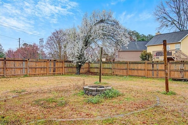 view of yard with an outdoor fire pit and a fenced backyard