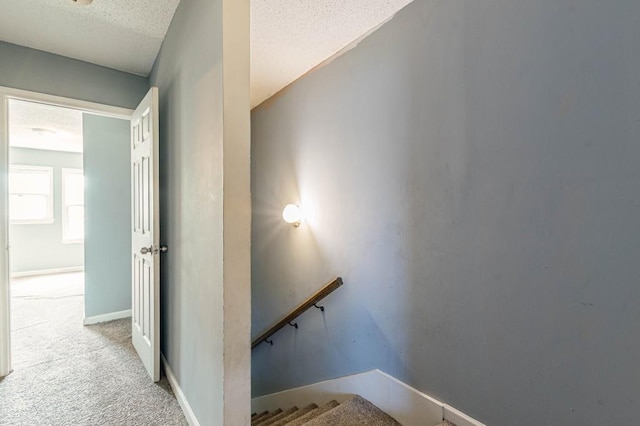 stairway with carpet and a textured ceiling